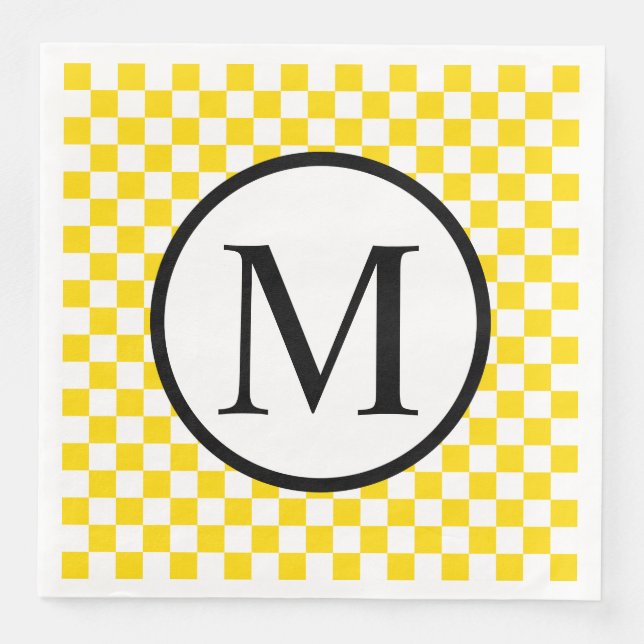 Simple Monogram with Yellow Checkerboard Paper Dinner Napkins (Front)