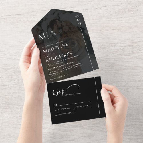 Simple Monogramed Black With Overlay Photo Wedding All In One Invitation