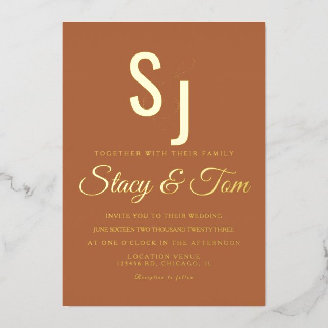 Simple Monogrammed Ampersand Terracotta Pressed  Foil Invitation (Front)
