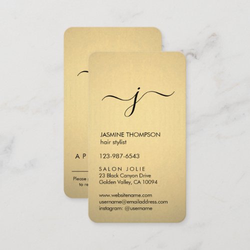 Simple Monogrammed Black  Faux Gold Foil Vertical Appointment Card