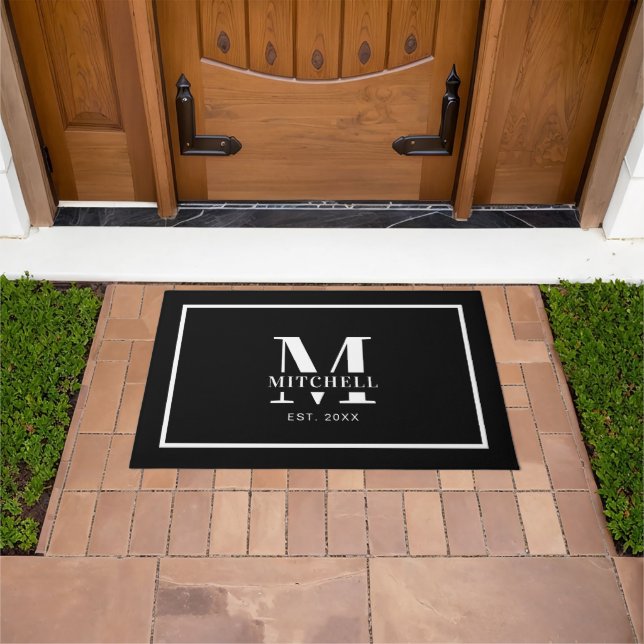 Simple Monogrammed Black White Custom Family Name Doormat (Outdoor)