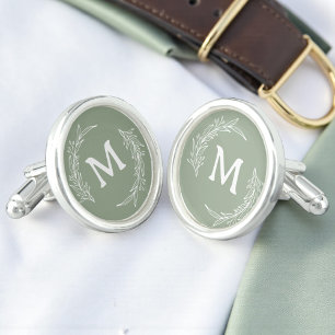 Simple Monogrammed Botanical For Groomsmen Sage Cufflinks
