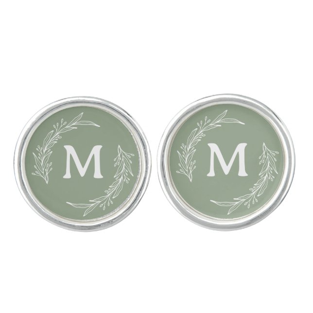 Simple Monogrammed Botanical For Groomsmen Sage Cufflinks (Front)