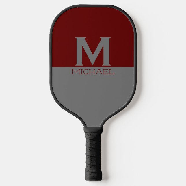 Simple monogrammed design in gray & burgundy pickleball paddle (Front)