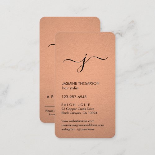 Simple Monogrammed Faux Copper Foil Vertical Appointment Card