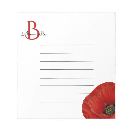 Simple Monogrammed Red Poppy Lined  Notepad