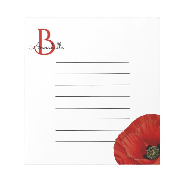 Simple Monogrammed Red Poppy Lined  Notepad (Front)