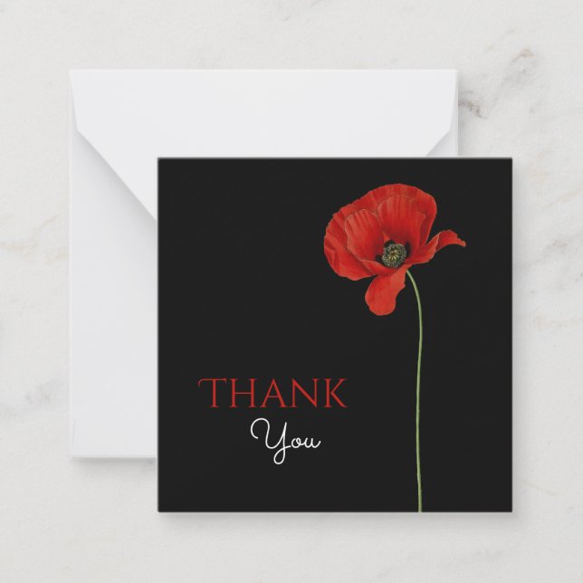 Simple Monogrammed Red Poppy on Black Thank You Note Card (Front)