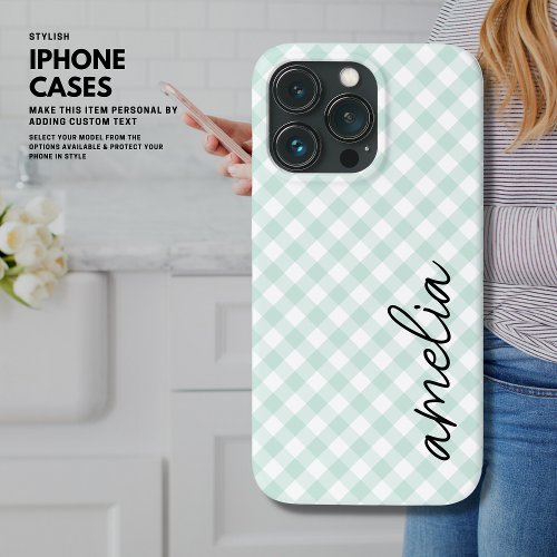 Simple Monogrammed Sage Green Classic Gingham iPhone 13 Pro Case