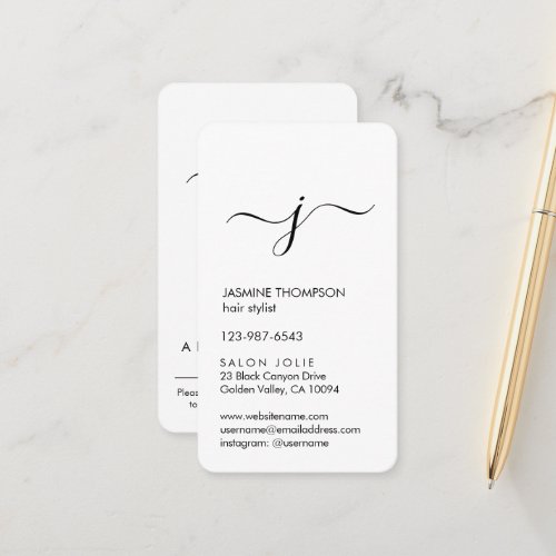 Simple Monogrammed Script Black and White Vertical Appointment Card