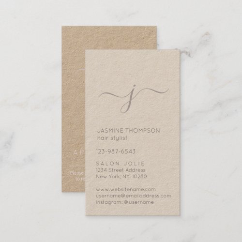 Simple Monogrammed Script Blush and Kraft Vertical Appointment Card