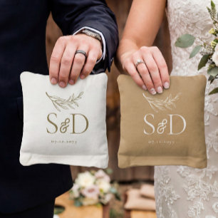 Simple Monogrammed White Gold Wedding Cornhole Bags