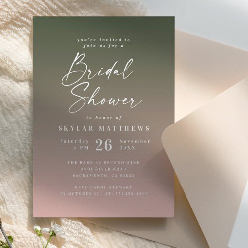 Simple Monstera Green  Pink Ombre Bridal Shower Invitation