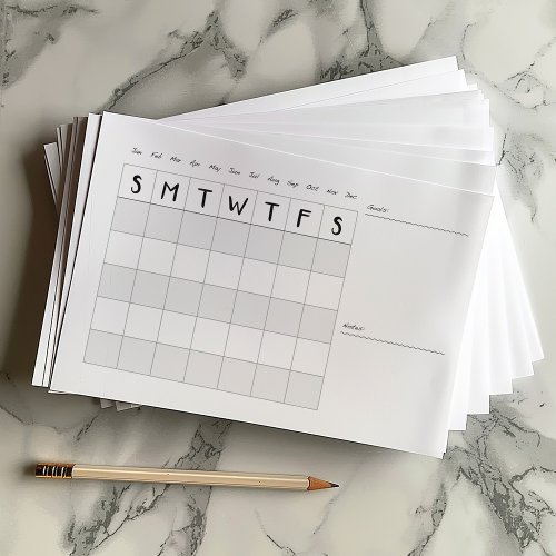Simple monthly Calendar with notes Paper Pad