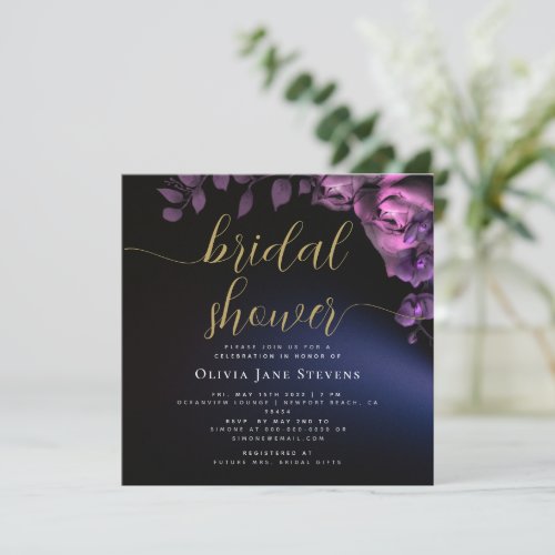 Simple Moody Black Dark Purple Roses Bridal Shower Invitation