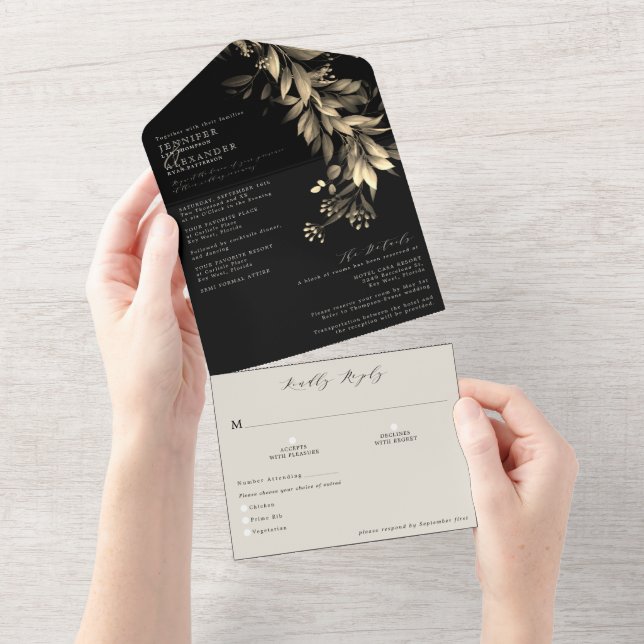 Simple Moody Greenery Black & Beige Wedding All In One Invitation (Tearaway)