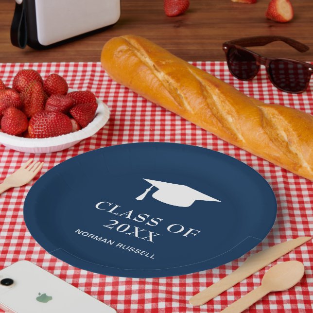 Simple Mortar Board Navy Blue Modern Graduation Paper Plates (Picnic)
