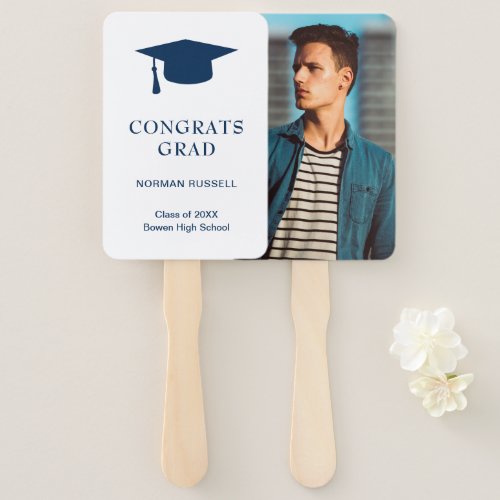 Simple Mortar Board Navy Blue Photo Graduation Hand Fan