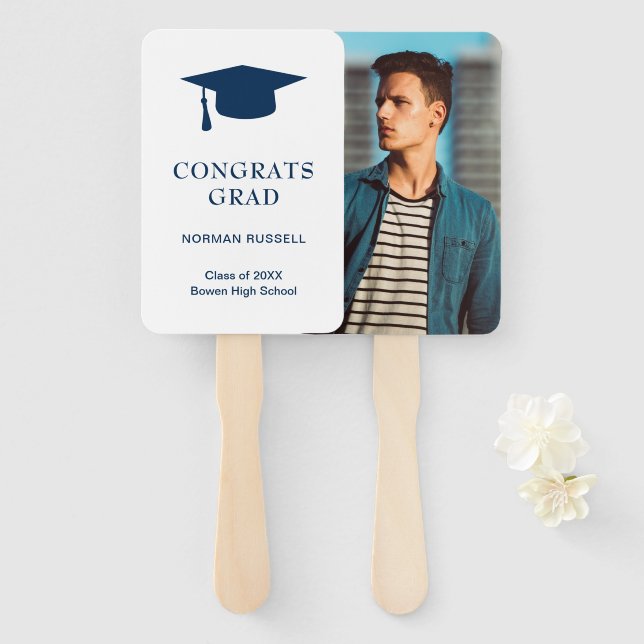 Simple Mortar Board Navy Blue Photo Graduation Hand Fan (Front and Back)