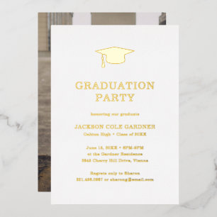 Simple Mortar Board Photo Graduation Party Gold Foil Invitation
