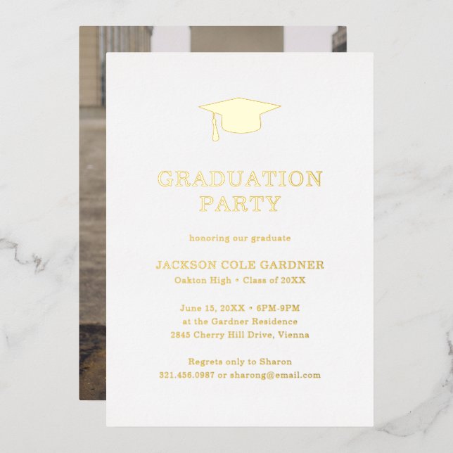 Simple Mortar Board Photo Graduation Party Gold Foil Invitation (Front/Back)