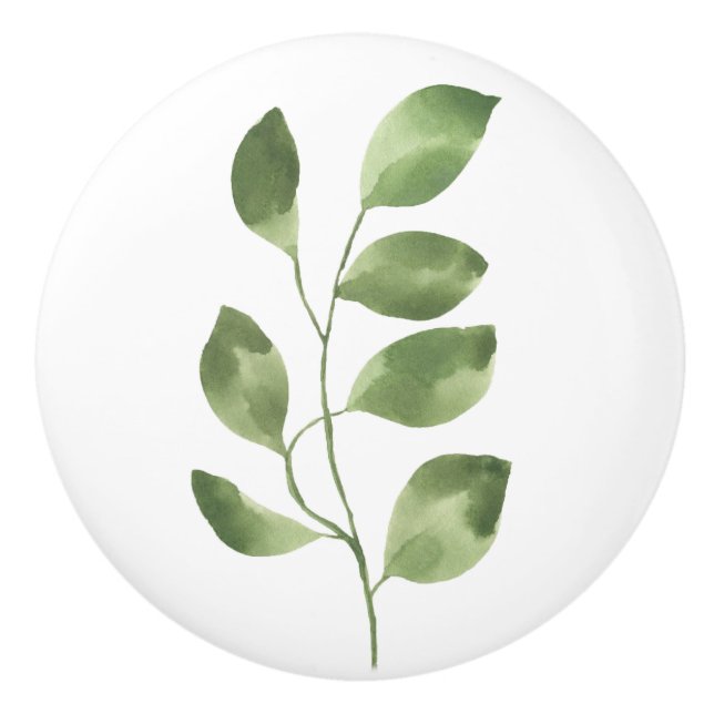 Simple Moss Green Botanical Leaf Ceramic Knob (Front)
