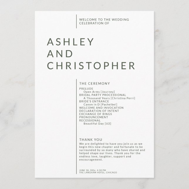 Simple Moss Green Isolated Names Wedding Ceremony Program (Front)
