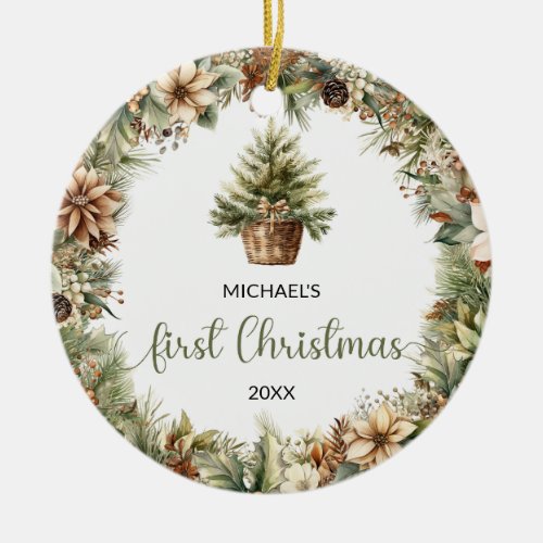 Simple moss green  light brown Christmas wreath  Ceramic Ornament