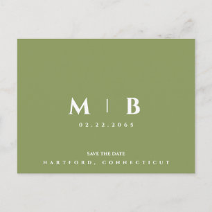 Simple Moss Green Monogram Wedding Save the Date Postcard