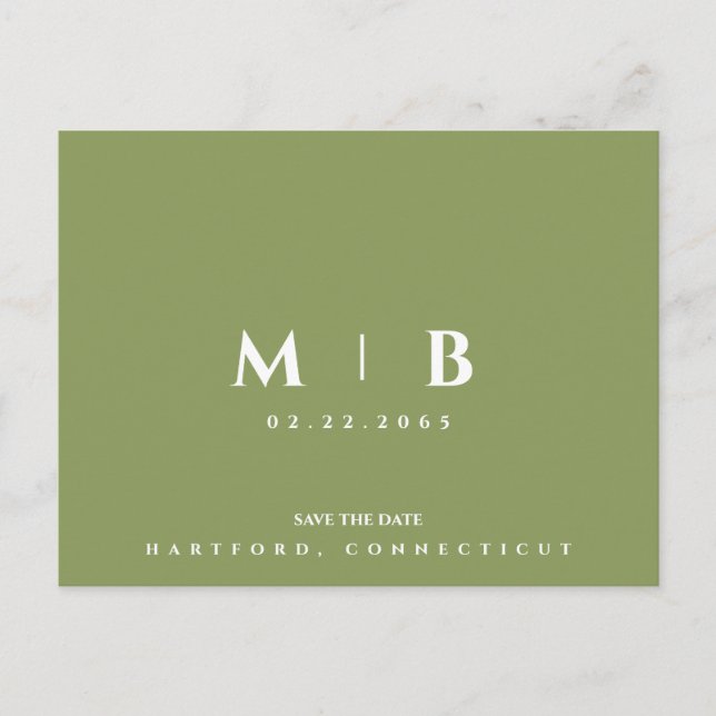 Simple Moss Green Monogram Wedding Save the Date  Postcard (Front)