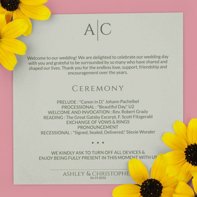 Simple Moss & Sage Green Monogram Wedding Ceremony Program (Creator Uploaded)