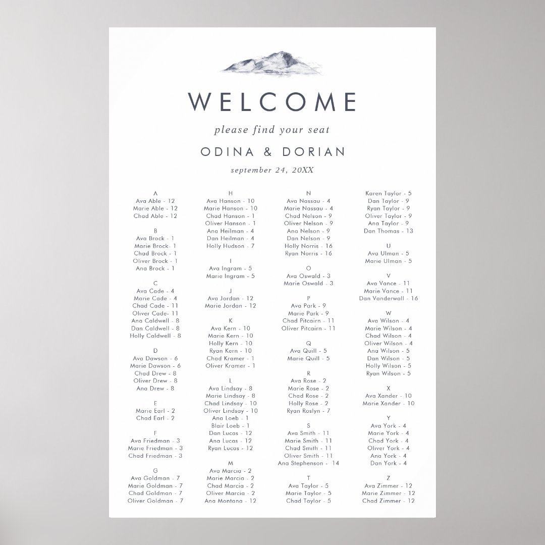 Simple Mountain Alphabetical Seating Chart | Zazzle