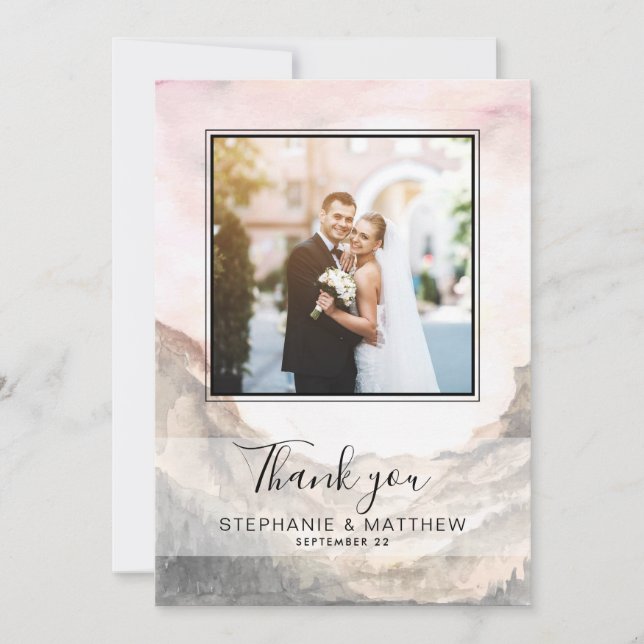 Simple Mountain Watercolor Photo Wedding Thank You Card (Front)
