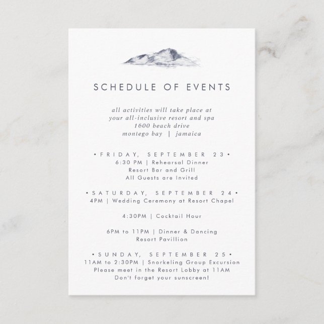 Simple Mountain Wedding Weekend Schedule of Events Enclosure Card (Front)
