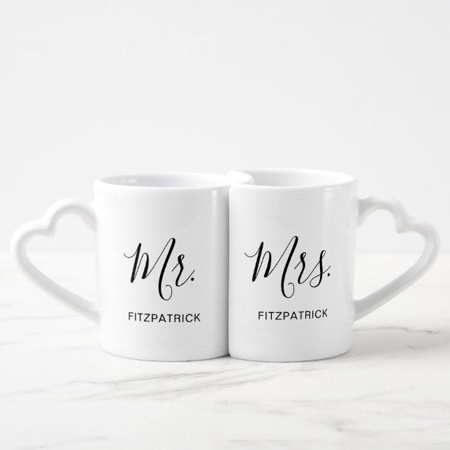 Simple Mr and Mrs Last Name Newlywed Wedding Coffee Mug Set (Front Nesting)