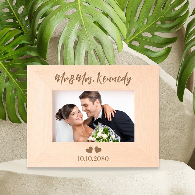 Simple Mr And Mrs Last Name Wedding Date Hearts Engraved Frames (Creator Uploaded)