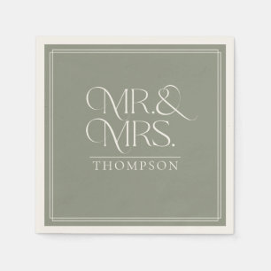 Simple  Mr & Mrs Green Moss Ecru Wedding Paper Napkins