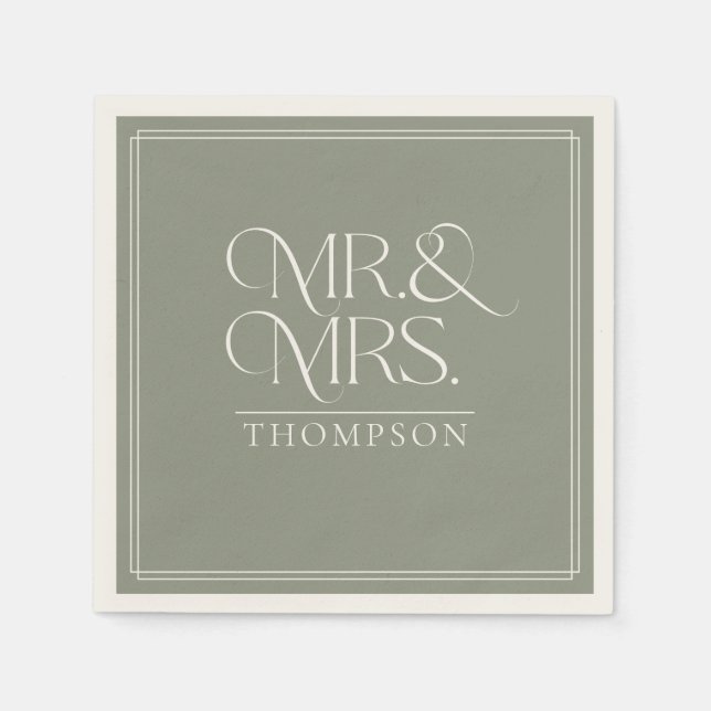 Simple  Mr & Mrs Green Moss Ecru Wedding Paper Napkins (Front)