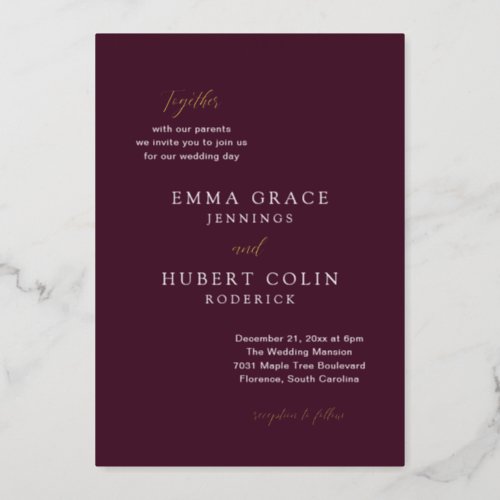 Simple Mulberry Typographic Modern Elegant Wedding Foil Invitation