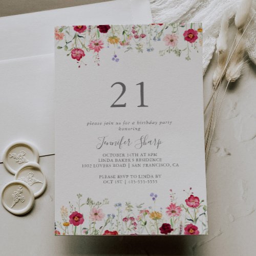 Simple Multicolor Wildflower 21st Birthday Party Invitation