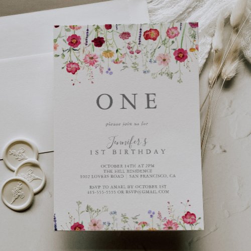 Simple Multicolor Wildflower First Birthday Party Invitation