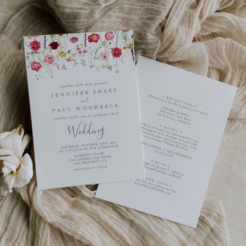 Simple Multicolor Wildflower Front  Back Wedding Invitation