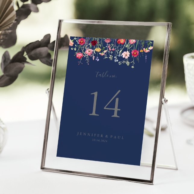 Simple Multicolor Wildflower Navy Wedding Table Number (Creator Uploaded)