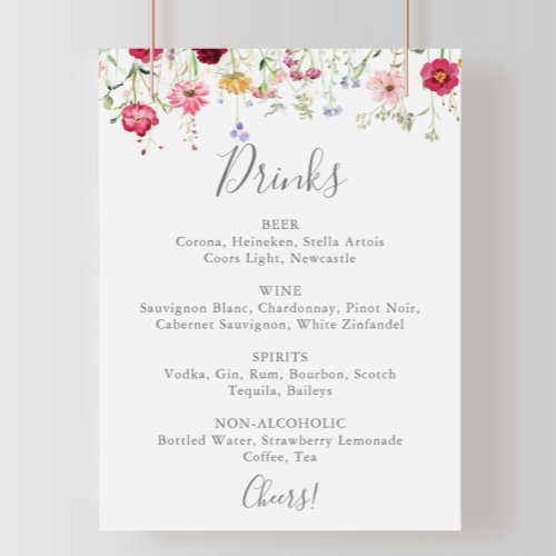 Simple Multicolor Wildflower Wedding Drinks Menu  Poster