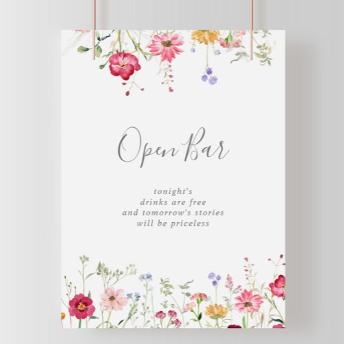 Simple Multicolor Wildflower Wedding Open Bar Sign