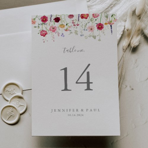 Simple Multicolor Wildflower Wedding Table Number