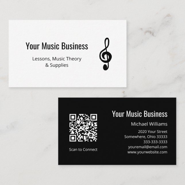 Simple Music Education QR code Treble Clef Business Card (Front/Back)