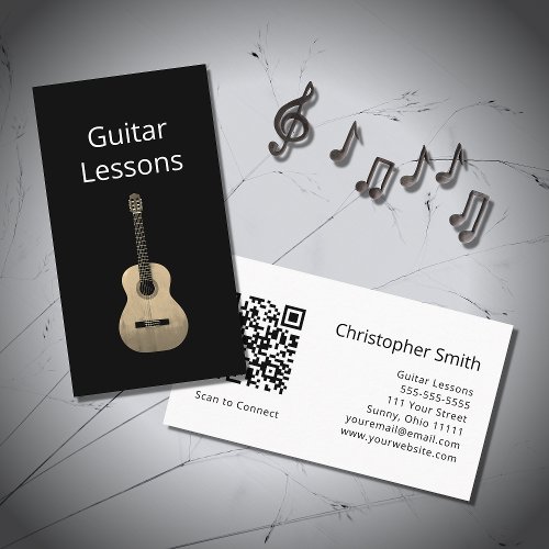Simple Music Guitar Lessons QR code Black White Business Card
