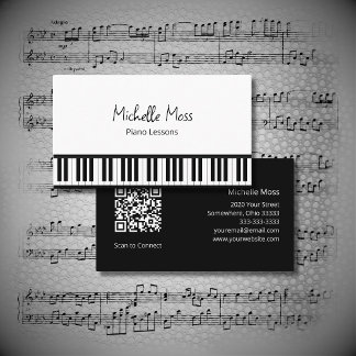 Simple Musical Black White Piano Music Teacher Business Card
