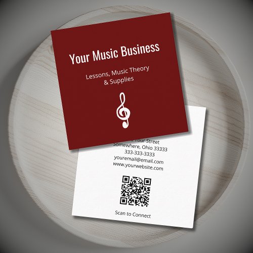 Simple Musical Treble Clef QR code Red  Square Business Card